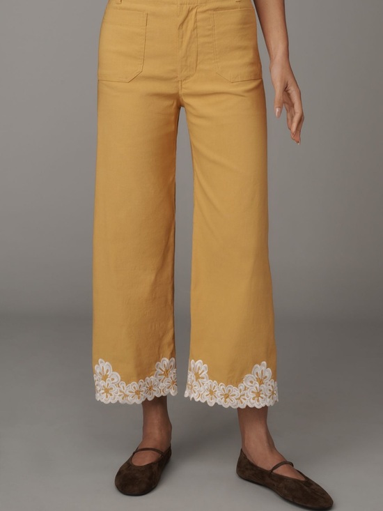 Maeve Pants - Anthropologie Women's Mustard Wide-Leg Embroidered Hem Pants